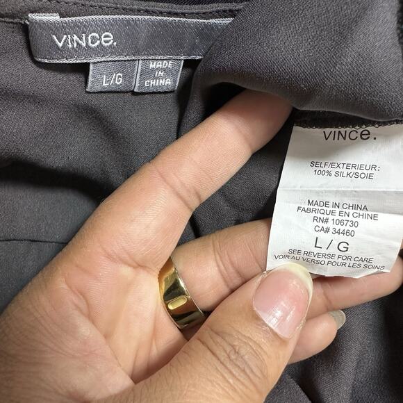 Vince Silk Tunic Blouse Large Long Sleeve V-Neck Top Minimalist Chic Grey Beaded - Picture 6 of 12